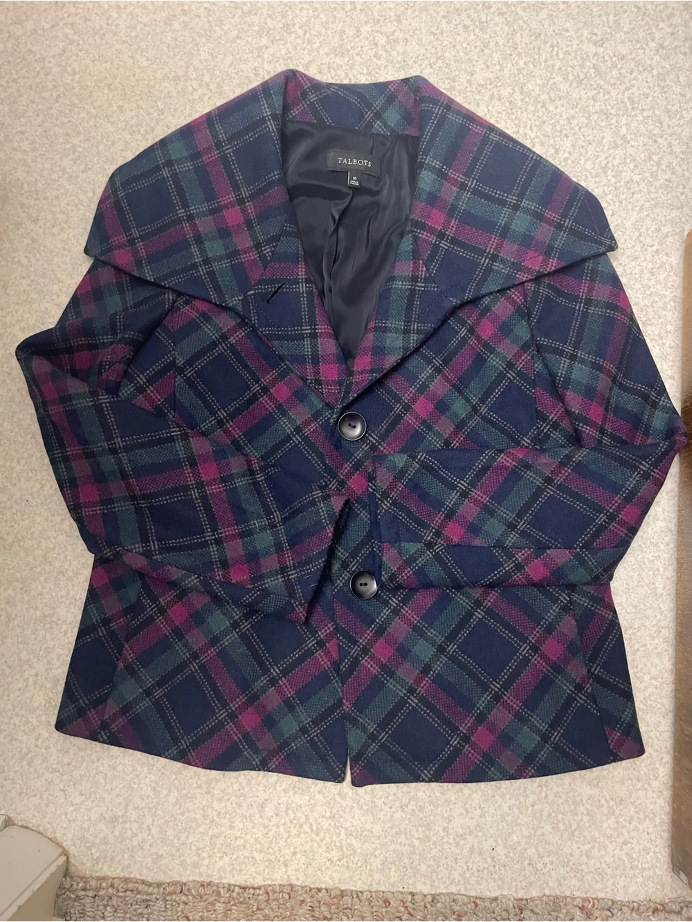 Talbots Navy Plaid Blazer with Purple & Green Accents